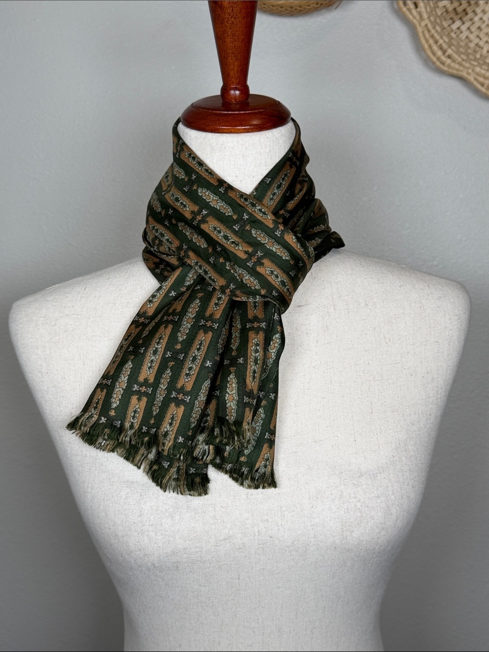 Vintage Pure Silk Scarf Olive Green Orange & Cream Geometric Medallion Print